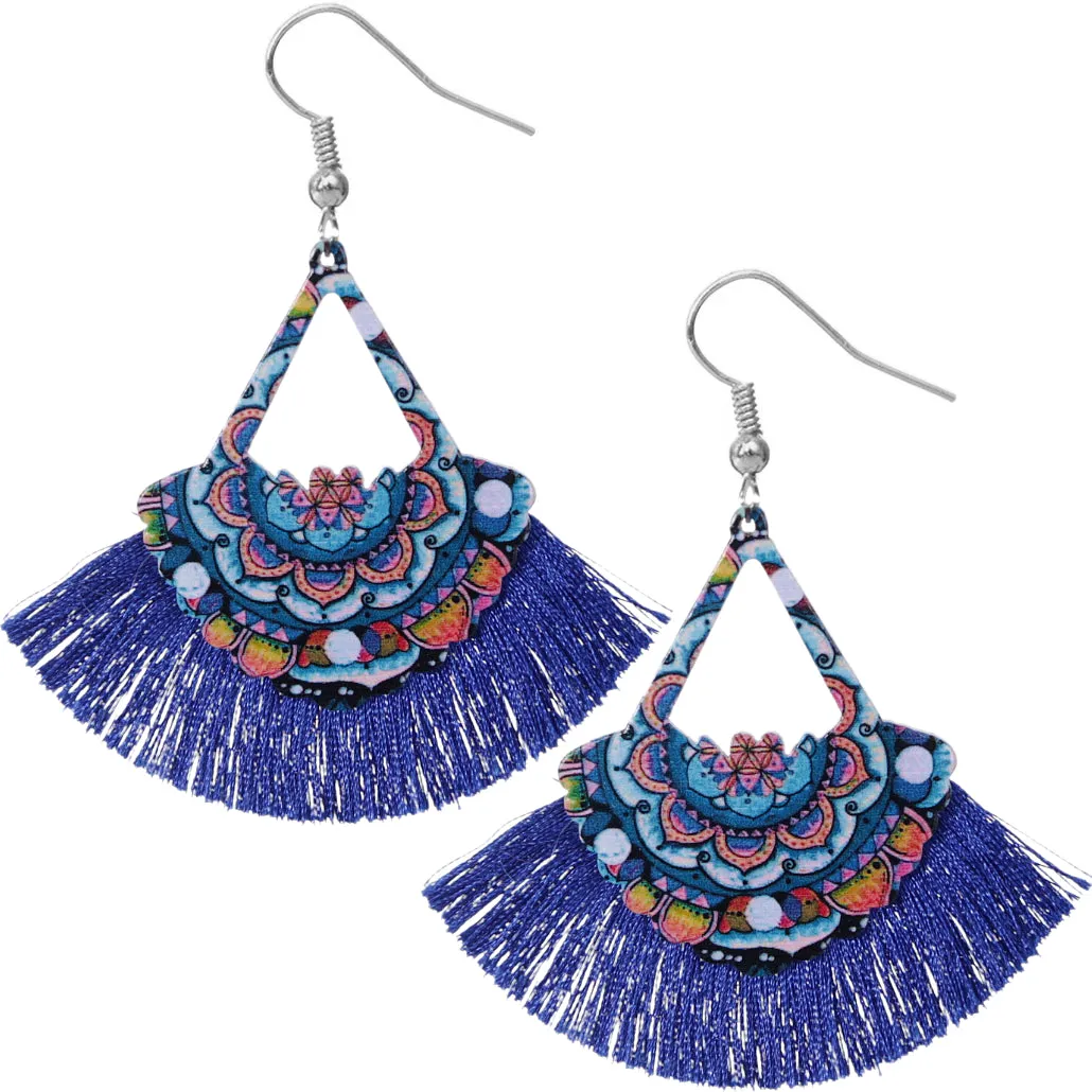 Blue Wooden Artsy Tassel Fan Dangle Earrings