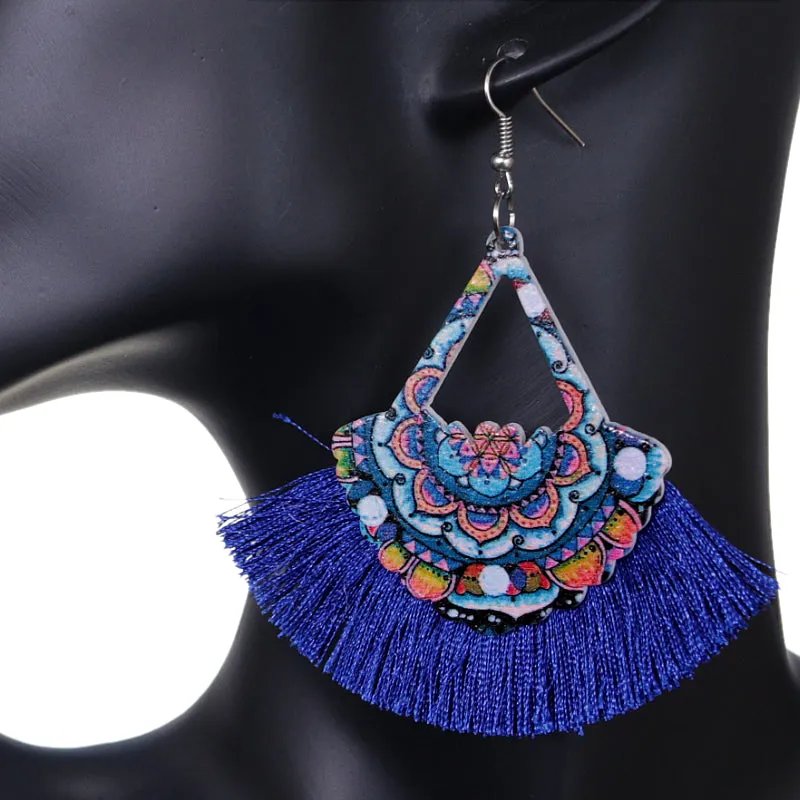 Blue Wooden Artsy Tassel Fan Dangle Earrings
