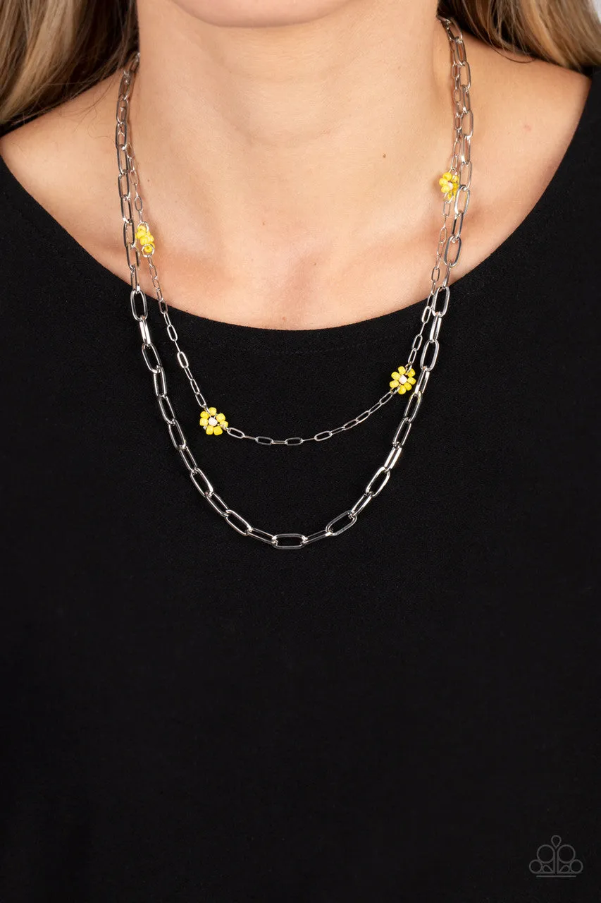 Bold Buds - Yellow - Seed Bead Flower Silver Chain Tiered Paparazzi Short Necklace
