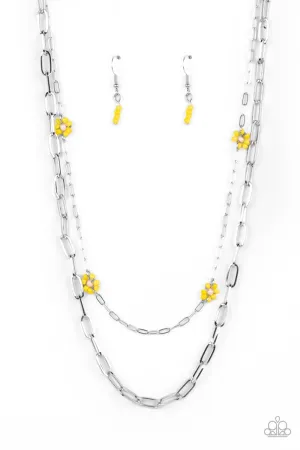 Bold Buds - Yellow - Seed Bead Flower Silver Chain Tiered Paparazzi Short Necklace