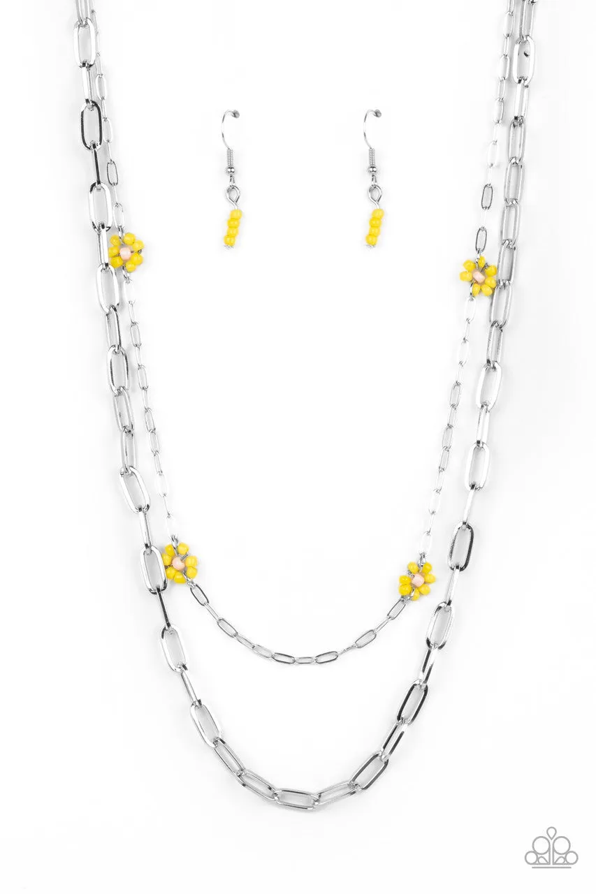 Bold Buds - Yellow - Seed Bead Flower Silver Chain Tiered Paparazzi Short Necklace