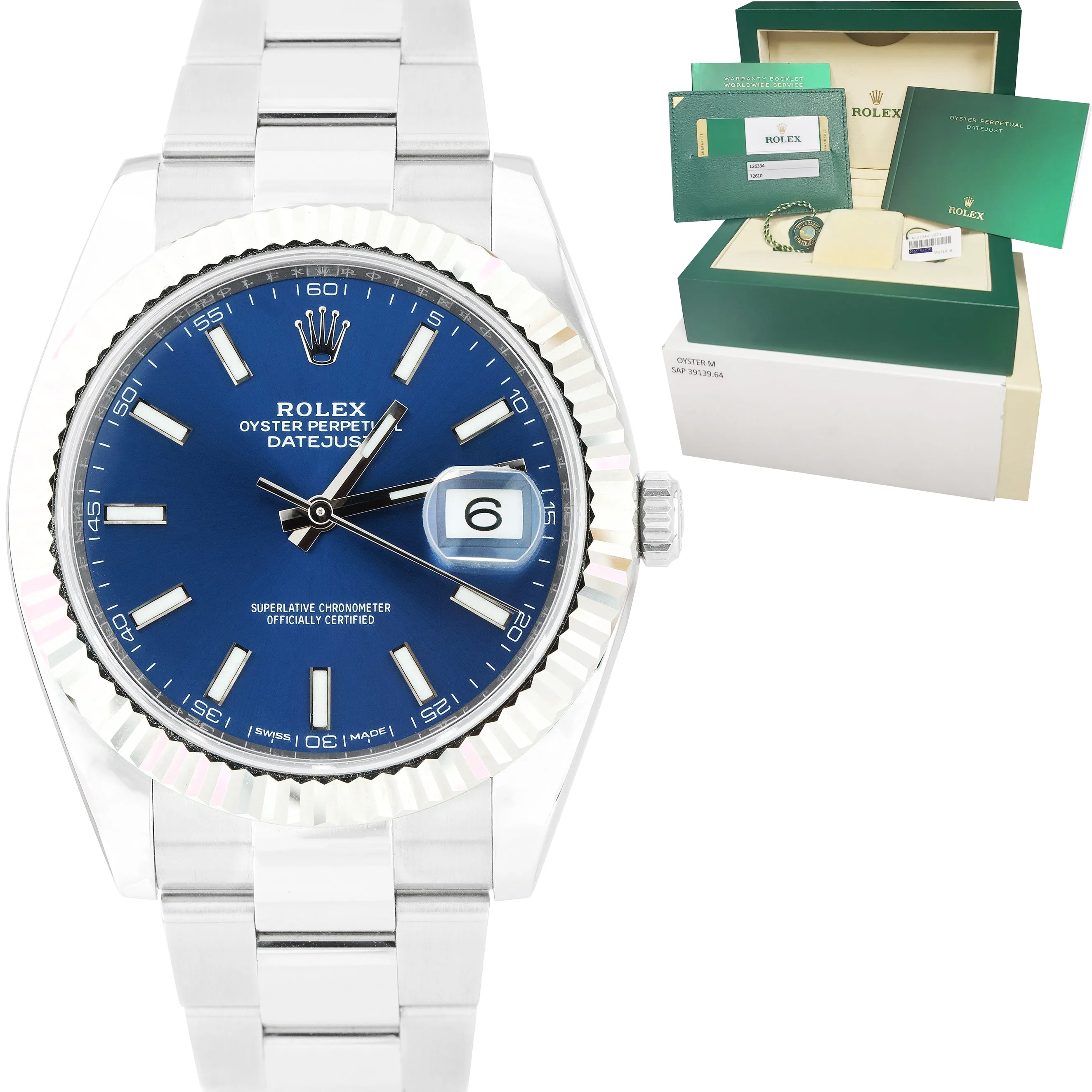 BRAND NEW Rolex DateJust 41 Blue Stainless Steel Fluted Oyster Watch 126334 B P
