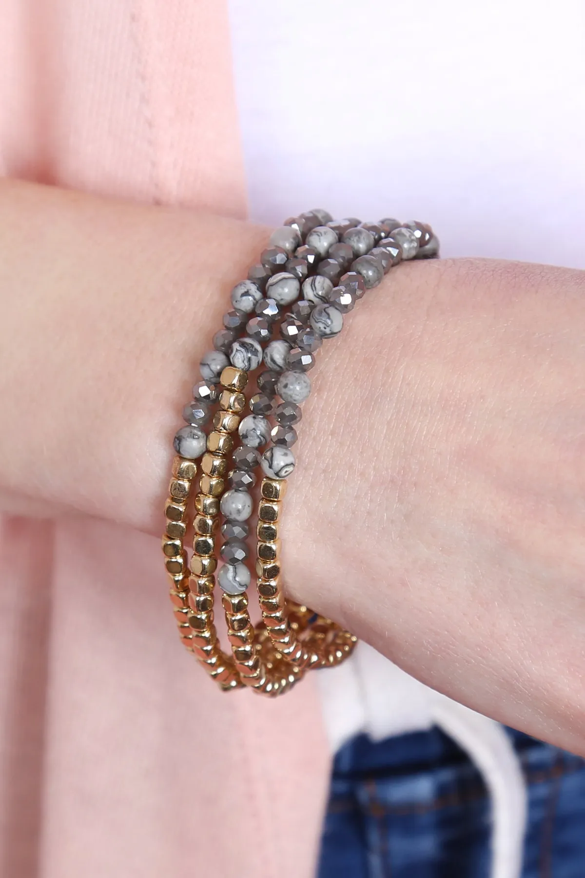BRASS, STONE, GLASS FOUR SET BEADS BRACELET