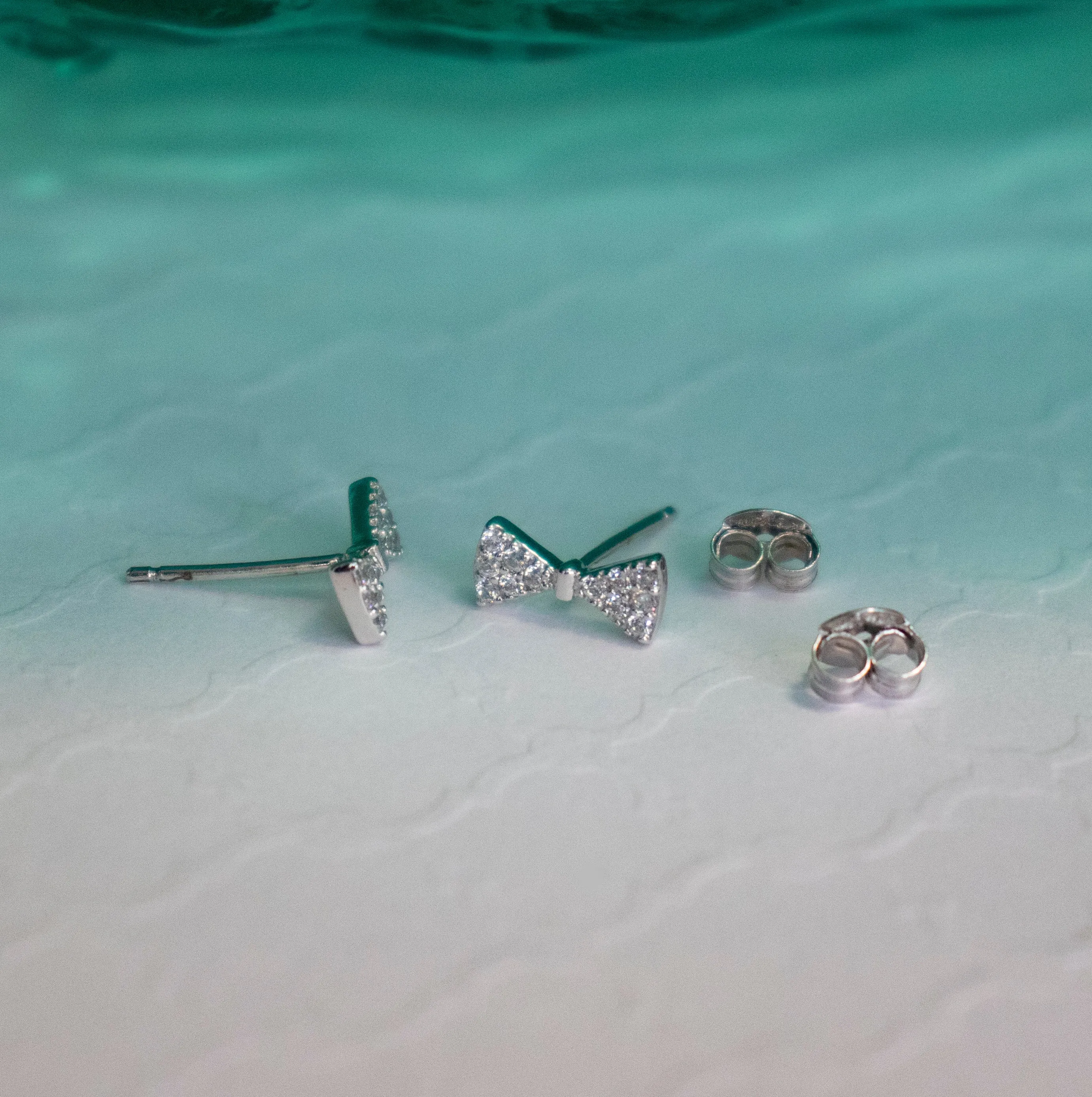 Bridesmaid Tiny CZ Bow Stud Earrings - Silver