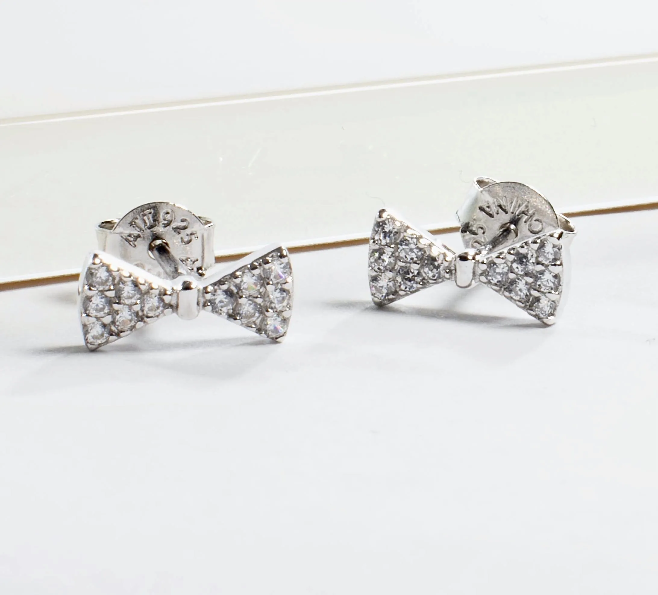 Bridesmaid Tiny CZ Bow Stud Earrings - Silver