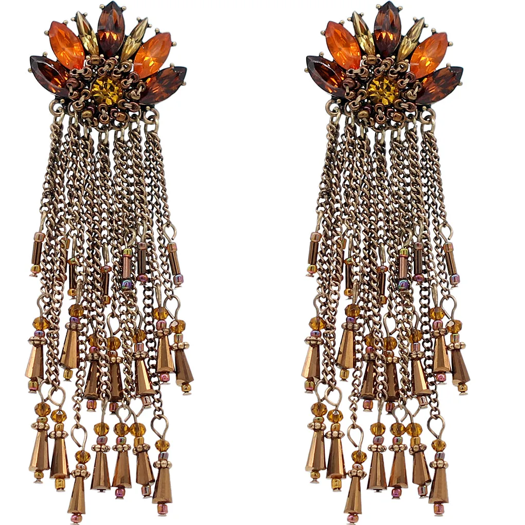 Brown Beaded Drop Chain Elegant Earrings