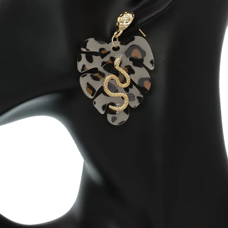 Brown Gold Leaf Shaped Snake Earrings