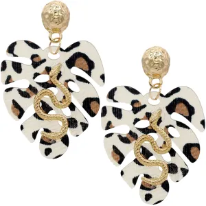 Brown Gold Leaf Shaped Snake Earrings