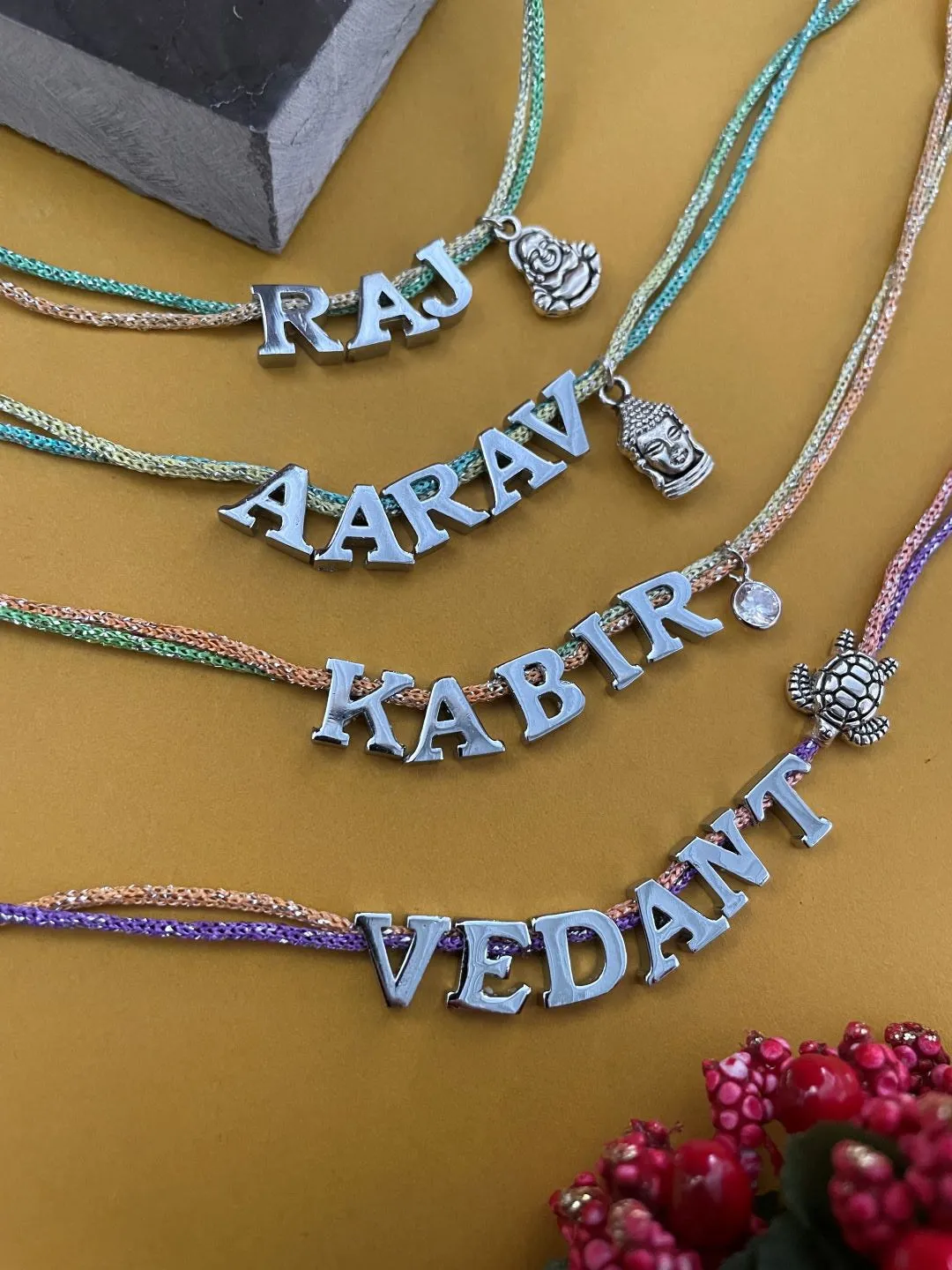 Build Your Own Rakhi- Design Your Brothers SIlver Plated Name Rakhi With Customized Charms