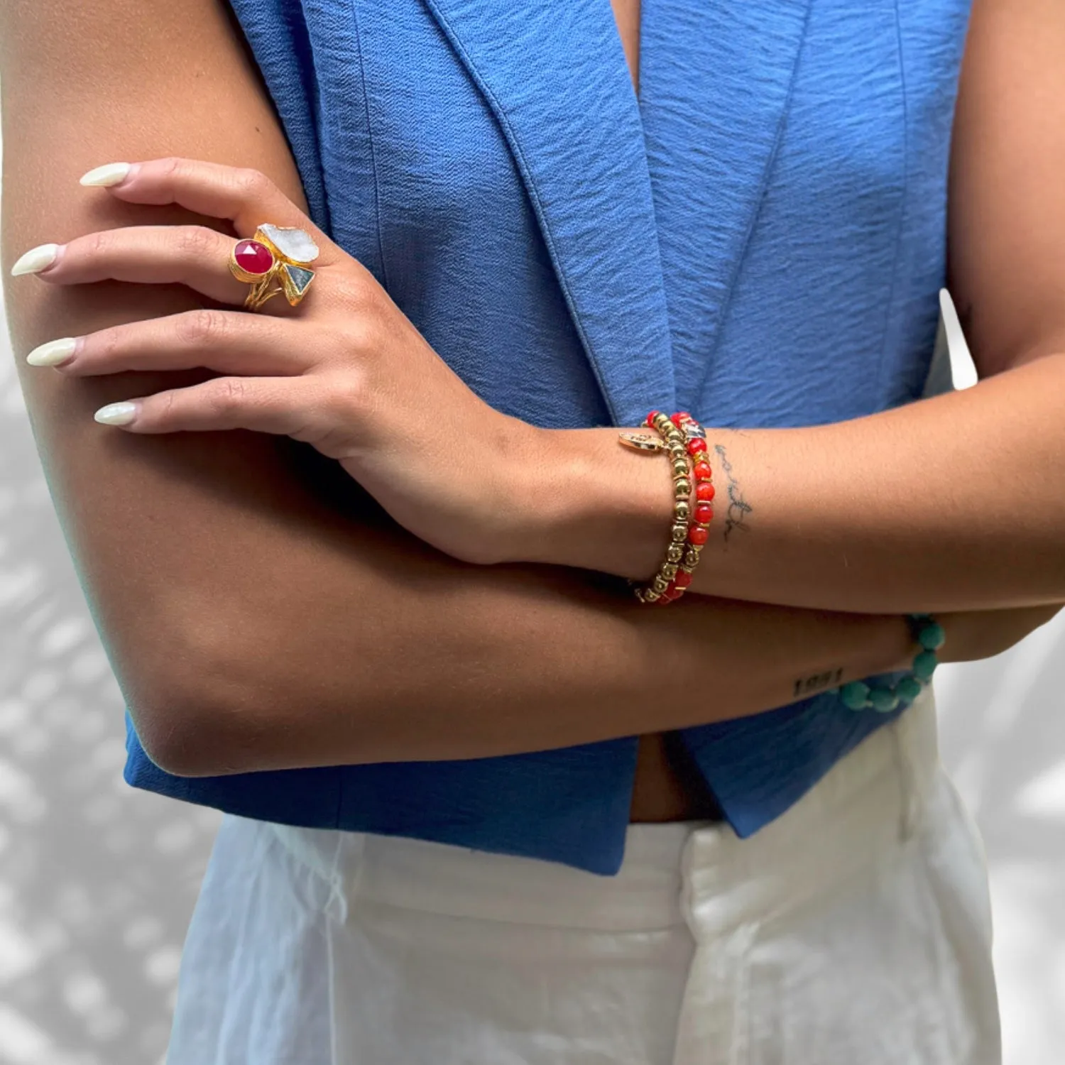Carnelian Stone Beaded Ra & Elephant Charm Bracelet Set