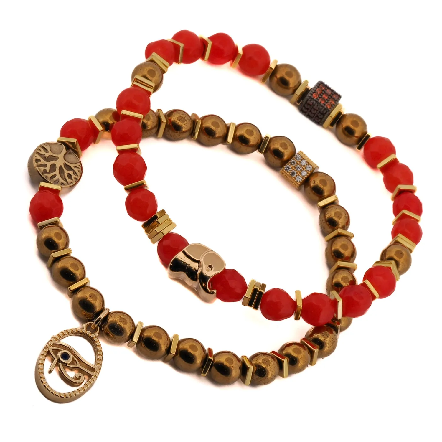 Carnelian Stone Beaded Ra & Elephant Charm Bracelet Set
