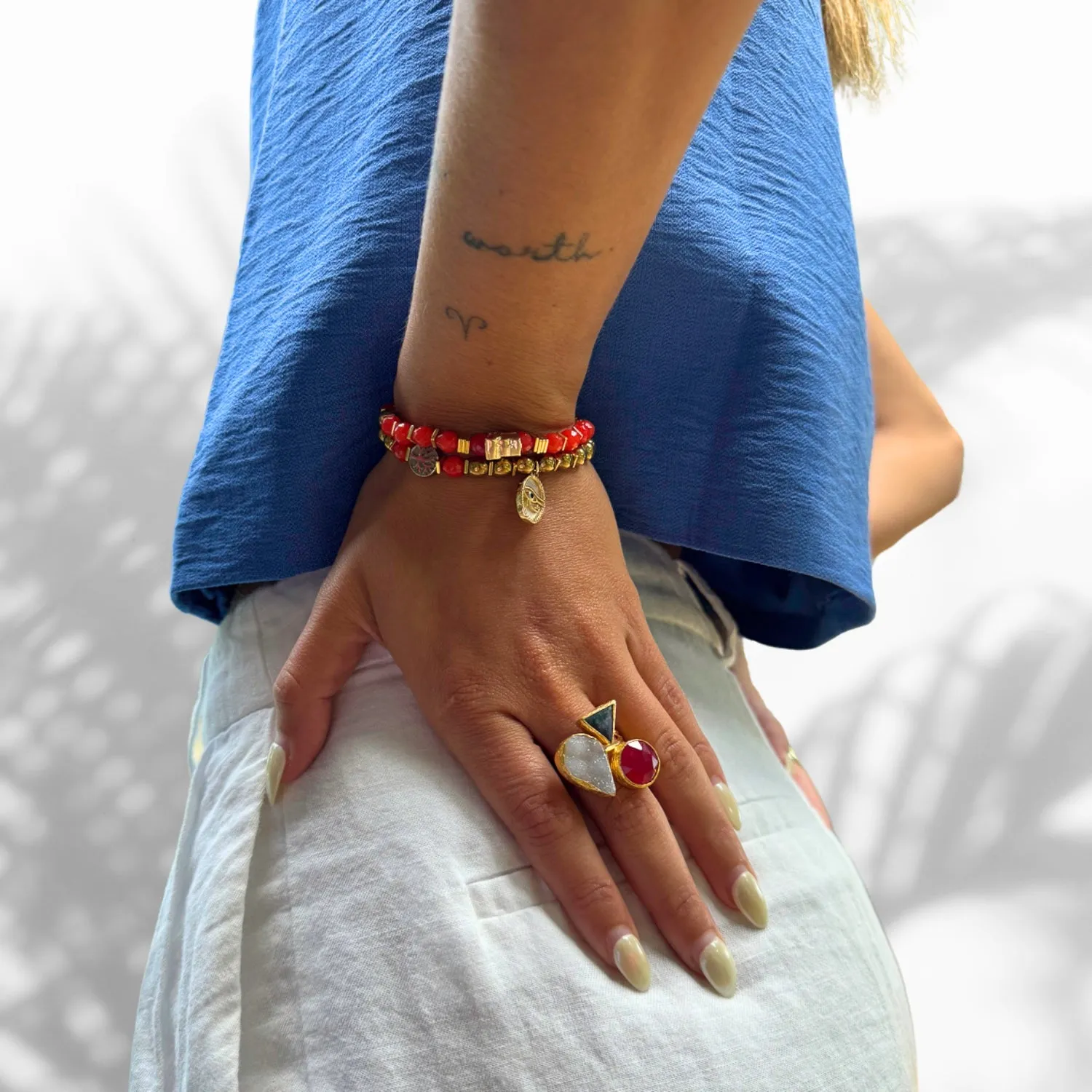 Carnelian Stone Beaded Ra & Elephant Charm Bracelet Set