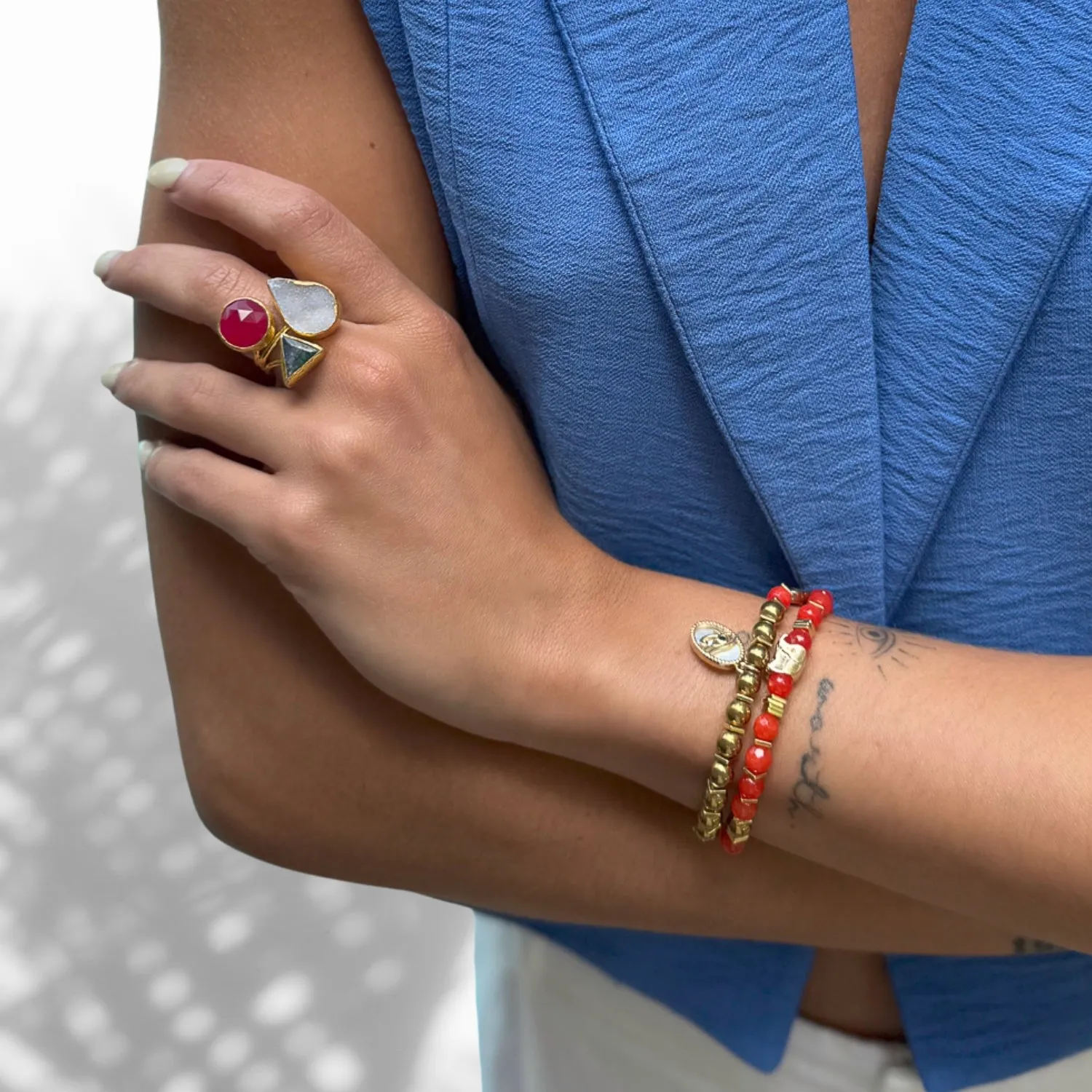 Carnelian Stone Beaded Ra & Elephant Charm Bracelet Set
