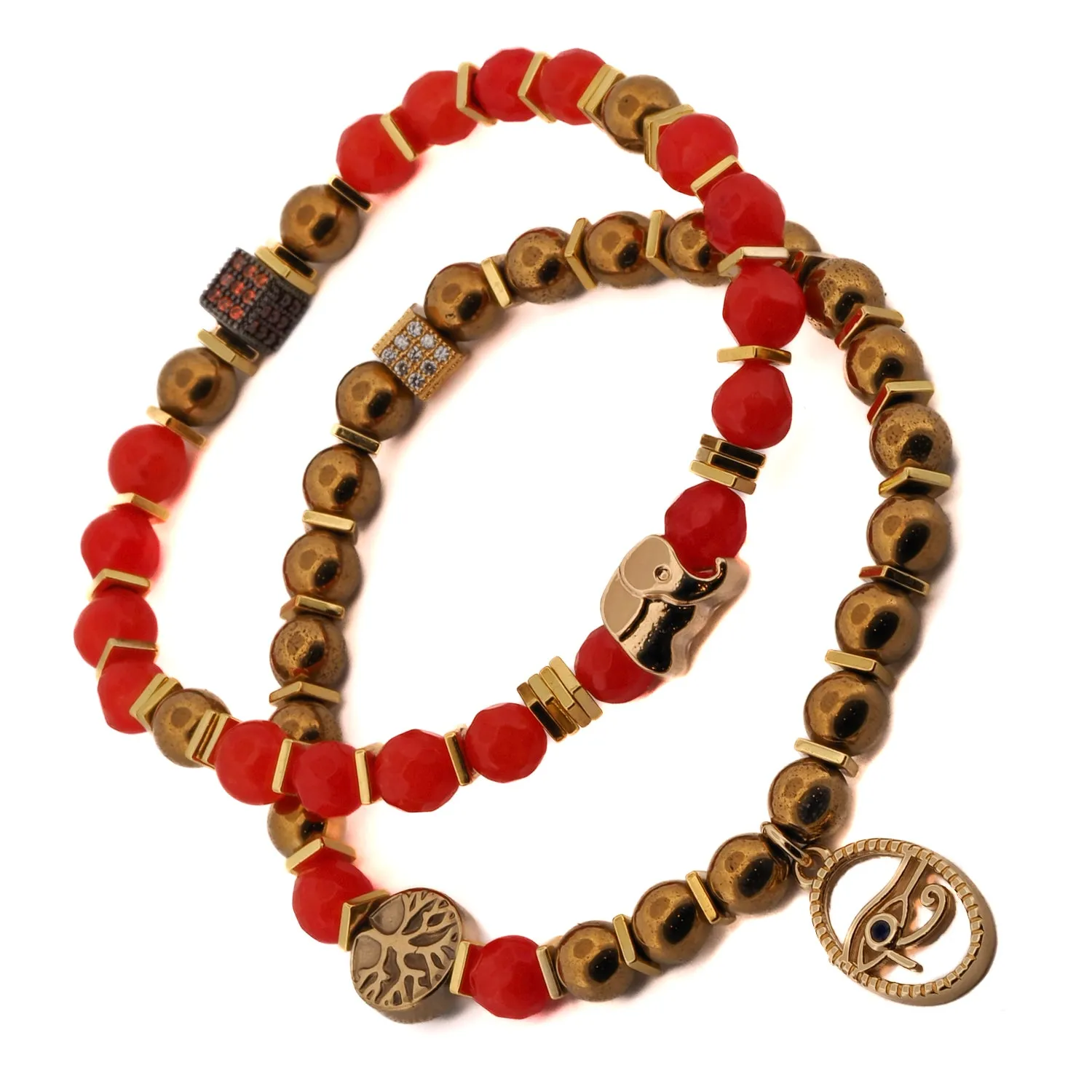 Carnelian Stone Beaded Ra & Elephant Charm Bracelet Set