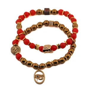 Carnelian Stone Beaded Ra & Elephant Charm Bracelet Set