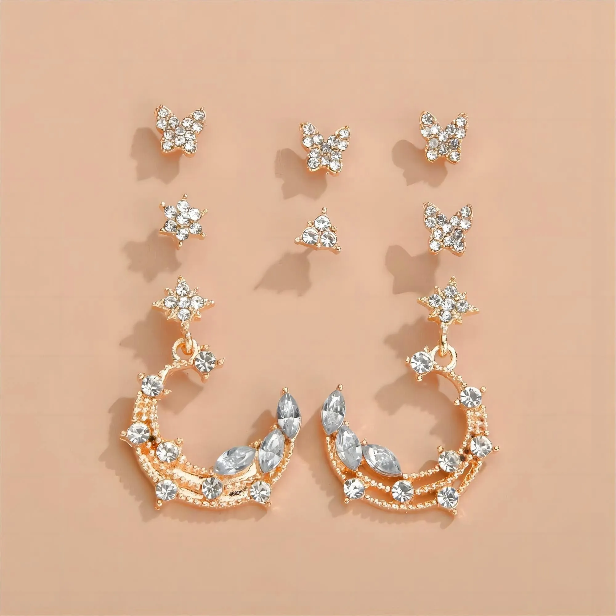 Chic CZ Inlaid Moon Phase Star Dangle Stud Earrings Set