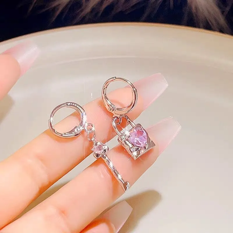 Chic Pink Crystal Heart Dangling Key Lock Huggie Hoop Earrings