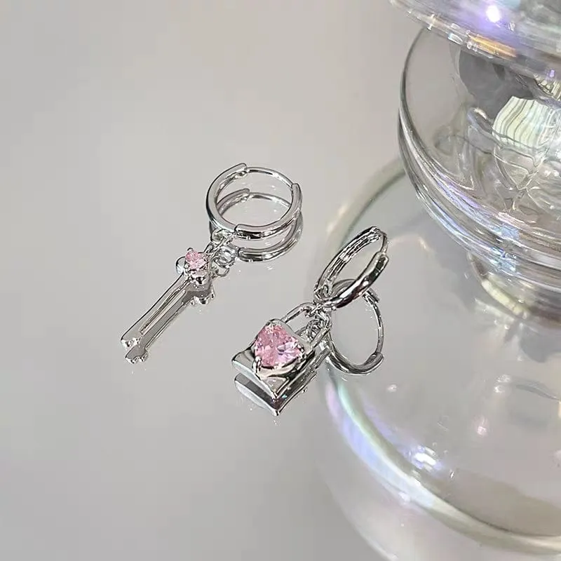 Chic Pink Crystal Heart Dangling Key Lock Huggie Hoop Earrings