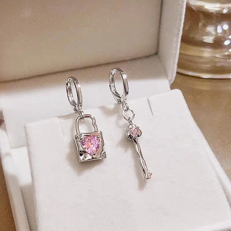 Chic Pink Crystal Heart Dangling Key Lock Huggie Hoop Earrings