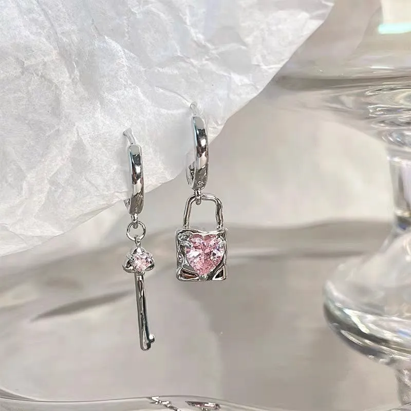 Chic Pink Crystal Heart Dangling Key Lock Huggie Hoop Earrings