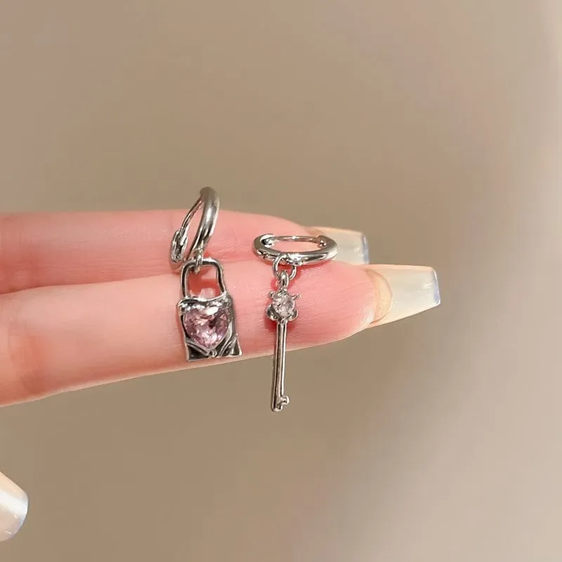 Chic Pink Crystal Heart Dangling Key Lock Huggie Hoop Earrings