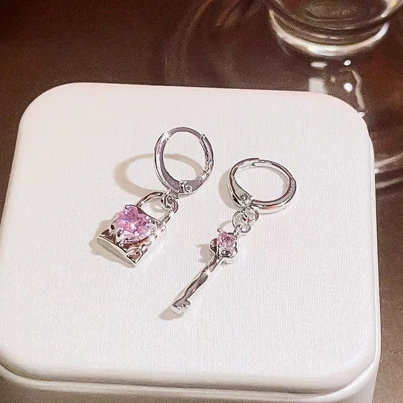 Chic Pink Crystal Heart Dangling Key Lock Huggie Hoop Earrings