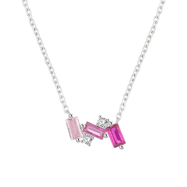 Children's and Teens' Necklaces:  Sterling Silver Necklace with 3 Shades of Pink CZ Baguettes with Gift Box