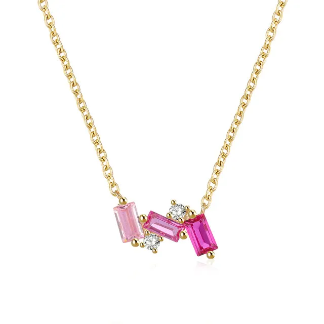 Children's and Teens' Necklaces:  Sterling Silver Necklace with 3 Shades of Pink CZ Baguettes with Gift Box