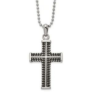 Chisel Stainless Steel Antiqued and Polished Chain Design Cross Pendant on a 22 inch Ball Chain Necklace