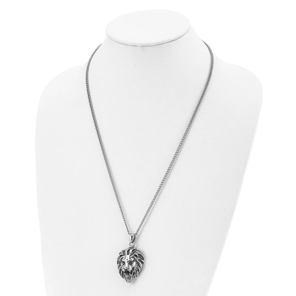 Chisel Stainless Steel Antiqued and Polished Small Lion Head Pendant on a 24 inch Curb Chain Necklace