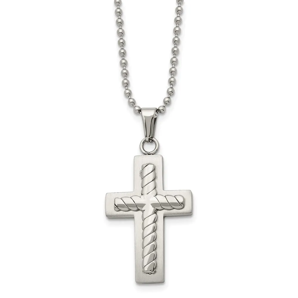 Chisel Stainless Steel Brushed and Polished Cross Pendant on a 24 inch Ball Chain Necklace