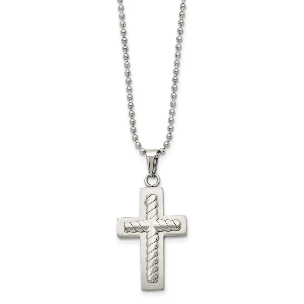 Chisel Stainless Steel Brushed and Polished Cross Pendant on a 24 inch Ball Chain Necklace
