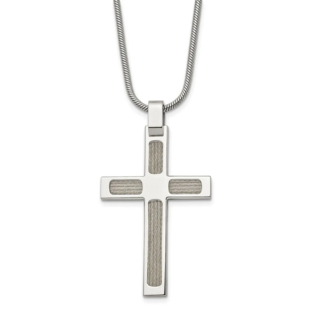 Chisel Stainless Steel Brushed and Polished with Cable Cross Pendant on a 24 inch Snake Chain Necklace