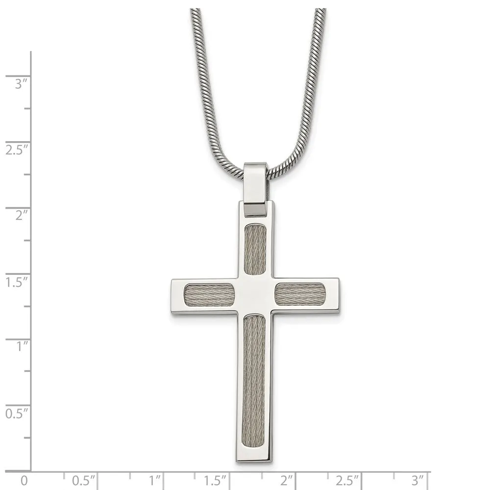 Chisel Stainless Steel Brushed and Polished with Cable Cross Pendant on a 24 inch Snake Chain Necklace