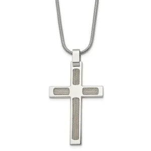 Chisel Stainless Steel Brushed and Polished with Cable Cross Pendant on a 24 inch Snake Chain Necklace