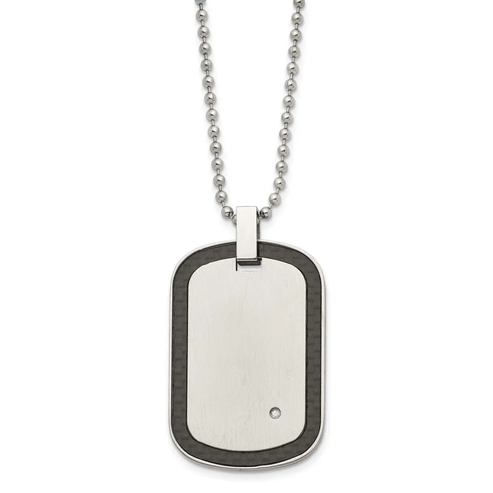 Chisel Stainless Steel Brushed with Black Carbon Fiber Inlay Edges and .01carat Diamond Dog Tag on a 24 inch Ball Chain Necklace