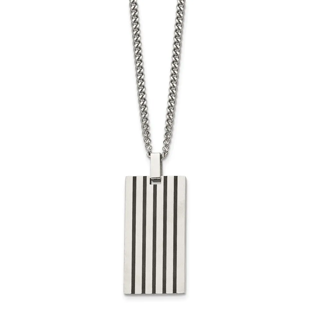 Chisel Stainless Steel Brushed with Black Rubber Inlay Rectangle Dog Tag on a 22 inch Curb Chain Necklace