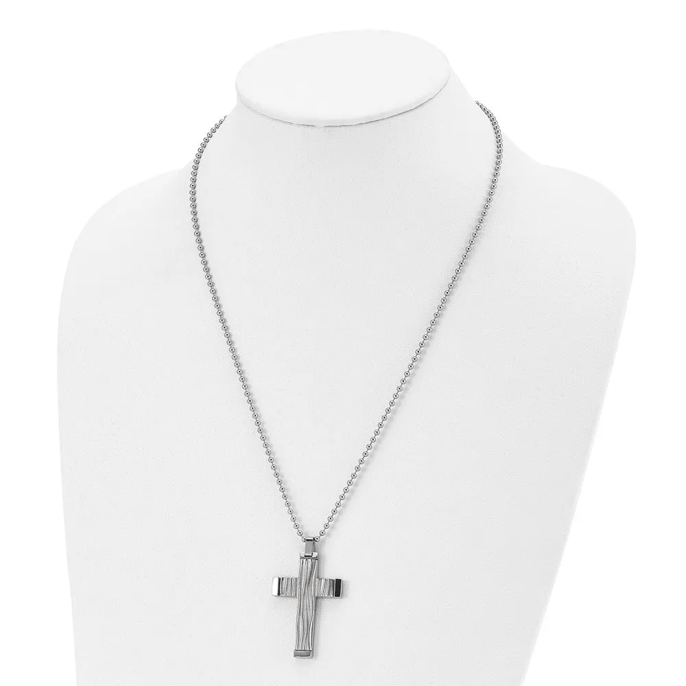 Chisel Stainless Steel Polished and Textured Wave Design Cross Pendant on a 22 inch Ball Chain Necklace