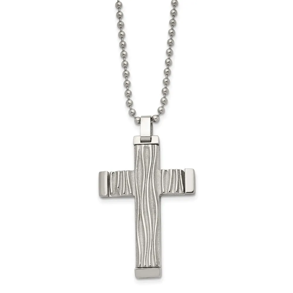 Chisel Stainless Steel Polished and Textured Wave Design Cross Pendant on a 22 inch Ball Chain Necklace