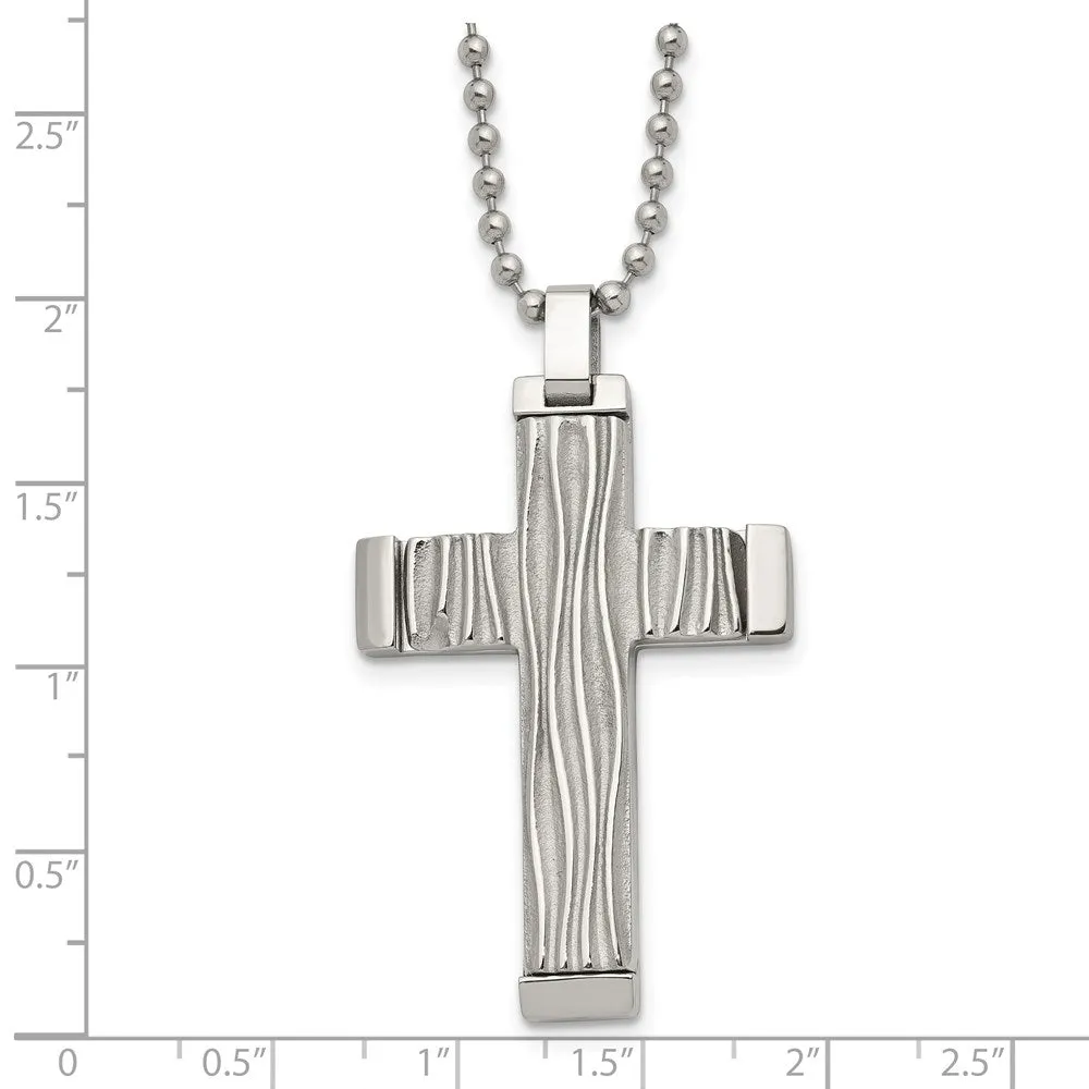 Chisel Stainless Steel Polished and Textured Wave Design Cross Pendant on a 22 inch Ball Chain Necklace