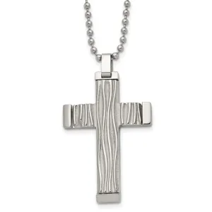 Chisel Stainless Steel Polished and Textured Wave Design Cross Pendant on a 22 inch Ball Chain Necklace