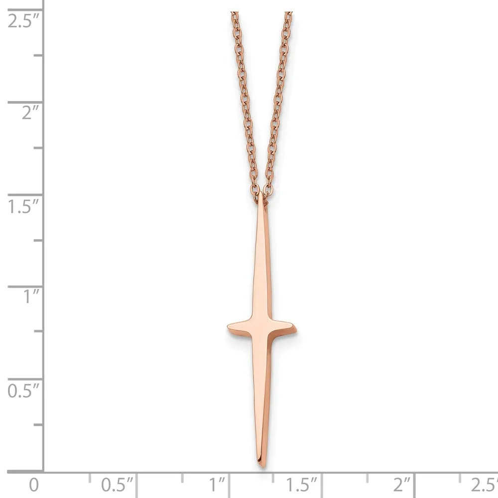 Chisel Stainless Steel Polished Rose IP-plated Cross Pendant on a 16 inch with 2 inch extension Cable Chain Necklace