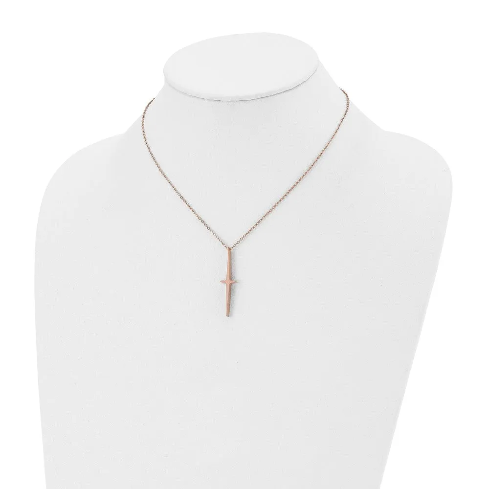 Chisel Stainless Steel Polished Rose IP-plated Cross Pendant on a 16 inch with 2 inch extension Cable Chain Necklace