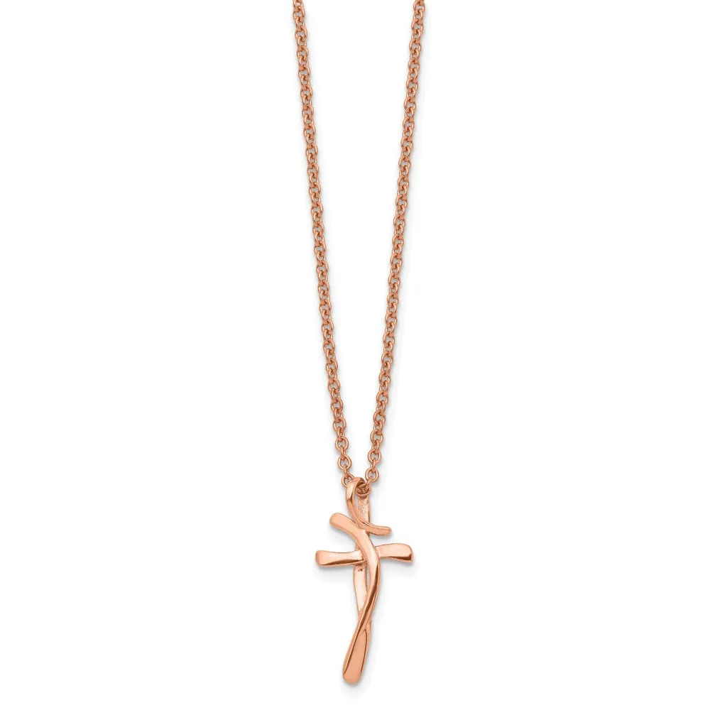 Chisel Stainless Steel Polished Rose IP-plated Twisted Cross Pendant on a 18.25 inch Cable Chain Necklace