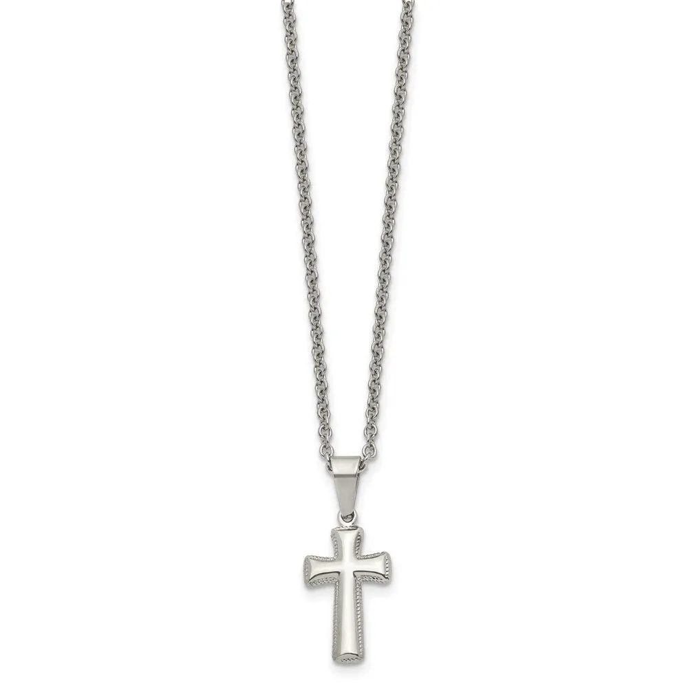 Chisel Stainless Steel Polished Small Pillow Cross Pendant on a 18 inch Cable Chain Necklace