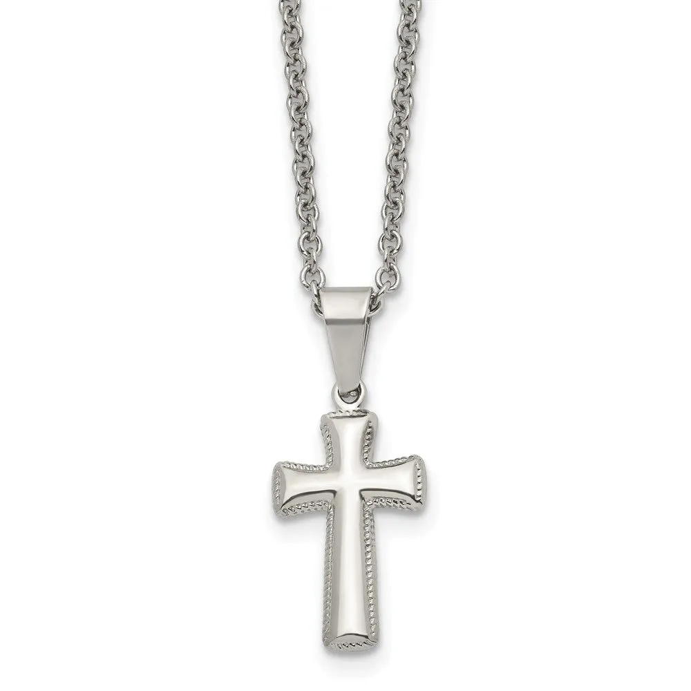 Chisel Stainless Steel Polished Small Pillow Cross Pendant on a 18 inch Cable Chain Necklace