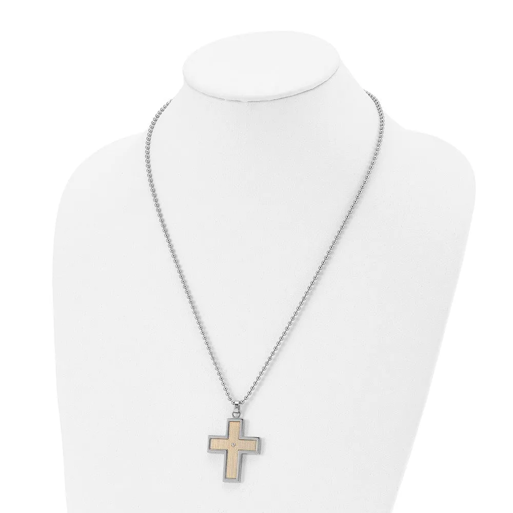 Chisel Stainless Steel Polished with 14k Gold Accent .01 carat Diamond Cross Pendant on a 22 inch Ball Chain Necklace