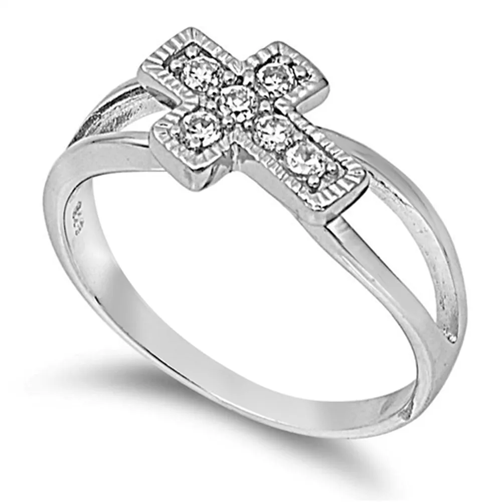 Clear CZ Cross Sideways Unique Religious Ring Sterling Silver Band Sizes 4-11
