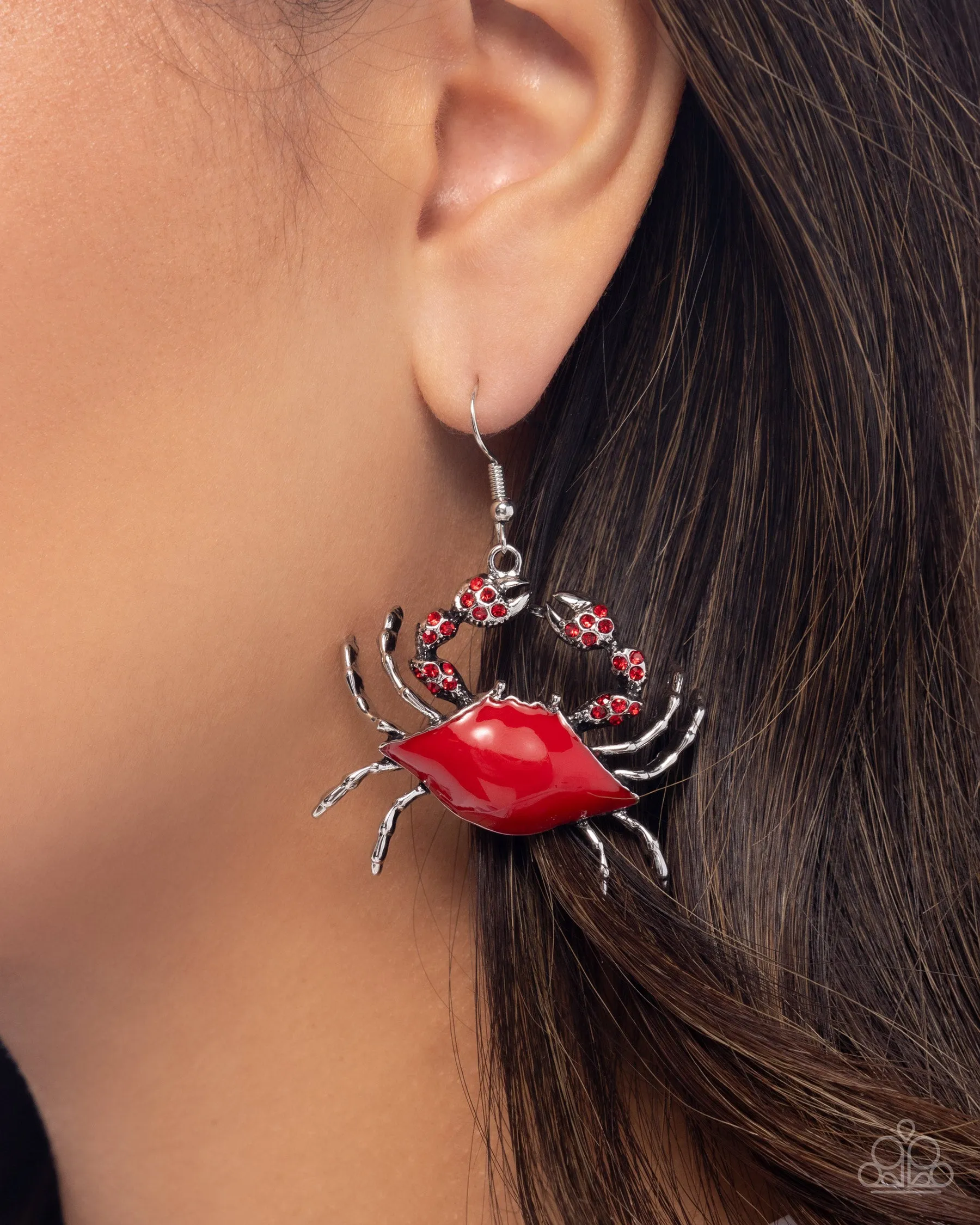 Colorful Crab - Red - Painted and Rhinestone Creature Paparazzi Fishhook Earrings