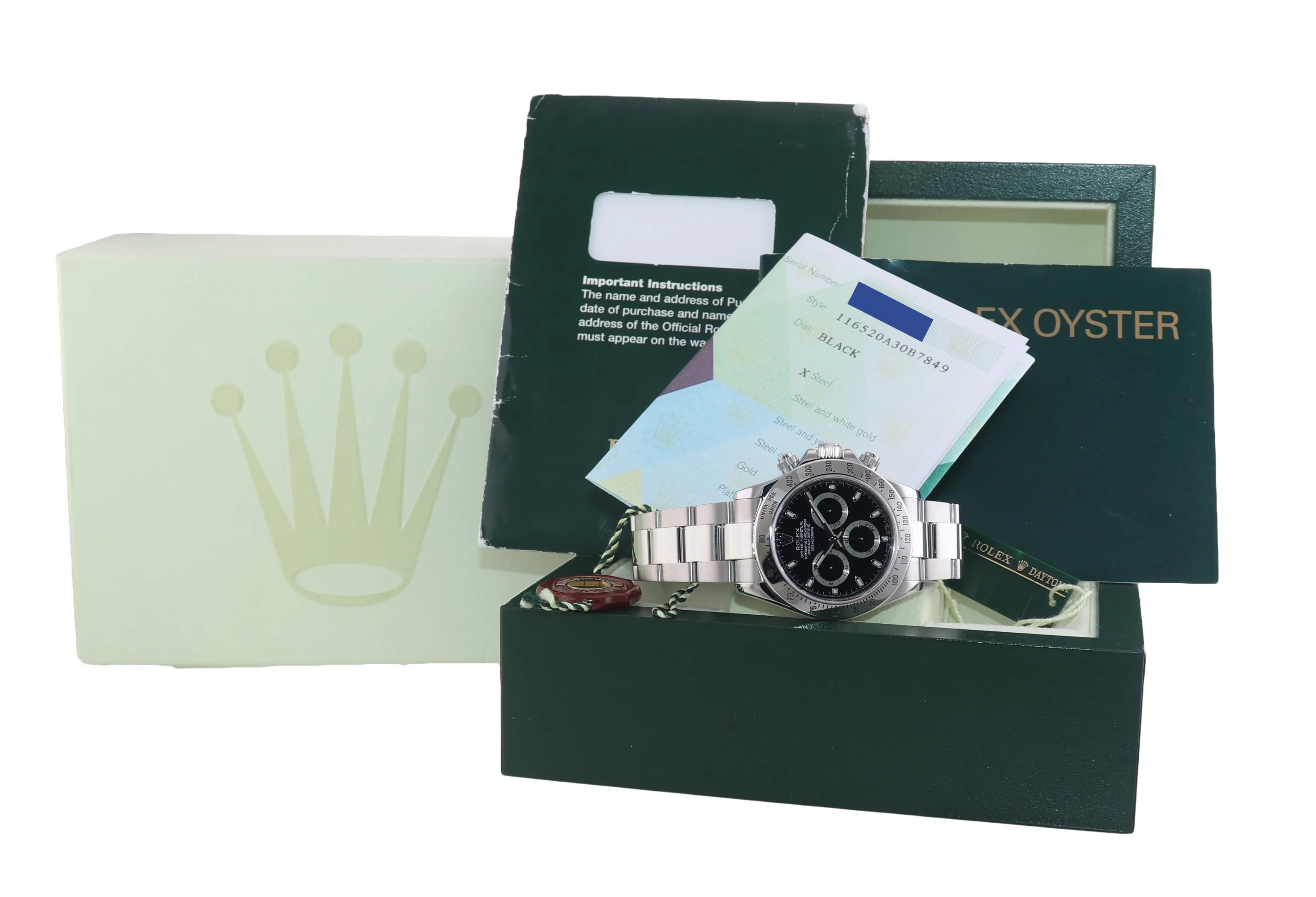 Copy of PAPERS Rolex Daytona 116520 Black Chrono 40m Steel Watch Box CASEBACK STICKER
